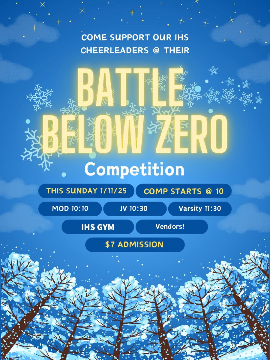 Come out this Sunday to support our cheerleaders at our very own Battle Below Zero Cheerleading Competition! Performance times are listed below! Wear your favorite Irondequoit apparel or blue and gold!!! We hope to see everyone there! 💛💙🤍