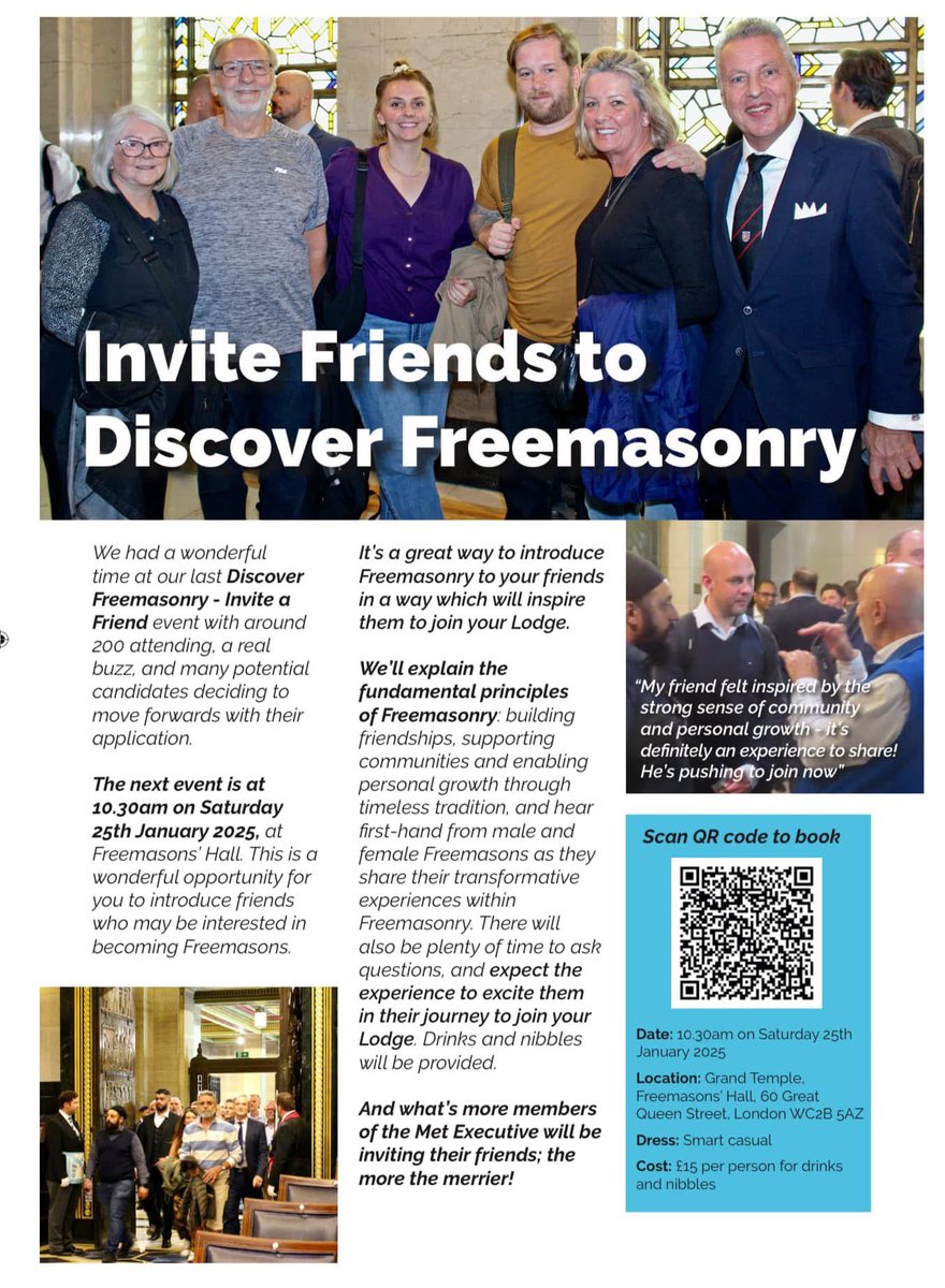 Discover Freemasonry “Invite a Friend”…….a not to be missed event designed to help grow your Lodge.
Our last event attracted around 200 attending, and many candidates deciding to move forwards with their application. The next event is at 10.30am on Saturday 25th January at FMH
