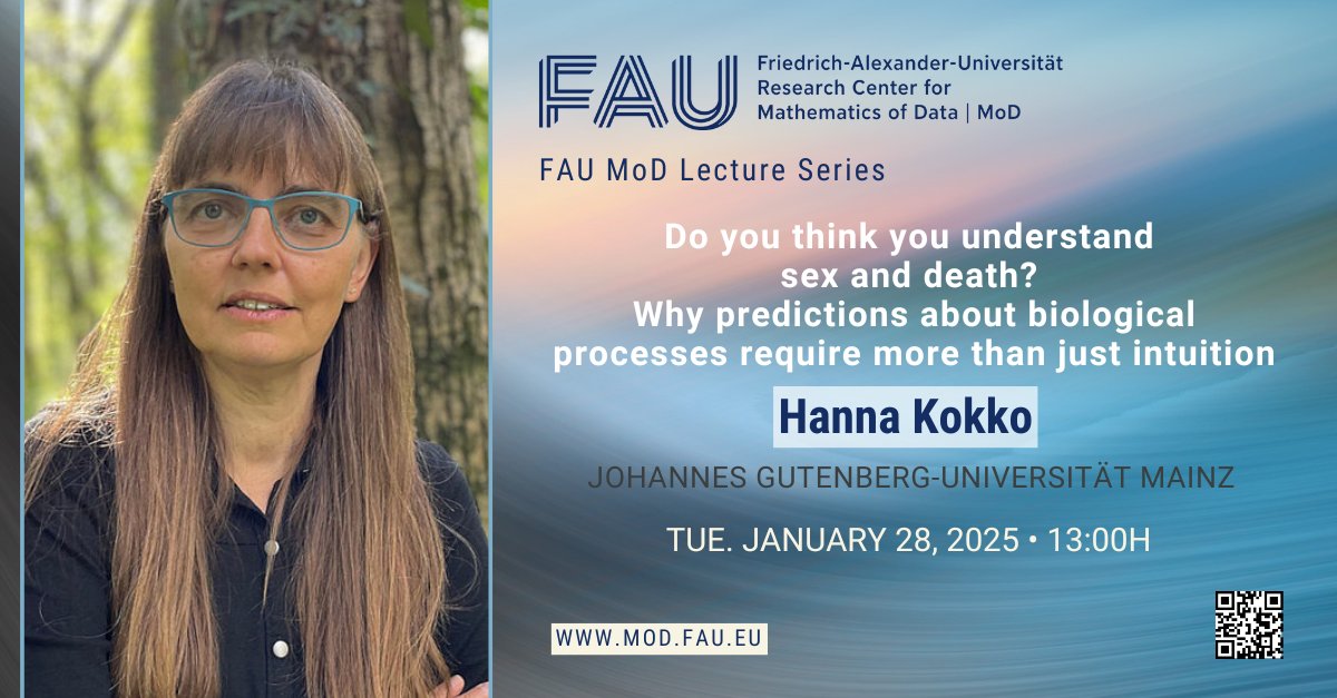 FAU MoD (@unifau_mod) on Twitter photo 📢Upcoming #FAUMoDLecture at <a href="/UniFAU/">FAU Erlangen-Nbg</a> <a href="/uniFAU_mod/">FAU MoD</a>
Tue. January 28, 2025📌13:00H
Do you think you understand sex and death?
Why predictions about biological processes require more than just intuition
🔷Hanna Kokko, iomE Johannes Gutenberg <a href="/uni_mainz/">Universität Mainz</a>
go.fau.de/1bcia 📢Upcoming #FAUMoDLecture at <a href="/UniFAU/">FAU Erlangen-Nbg</a> <a href="/uniFAU_mod/">FAU MoD</a>
Tue. January 28, 2025📌13:00H
Do you think you understand sex and death?
Why predictions about biological processes require more than just intuition
🔷Hanna Kokko, iomE Johannes Gutenberg <a href="/uni_mainz/">Universität Mainz</a>
go.fau.de/1bcia