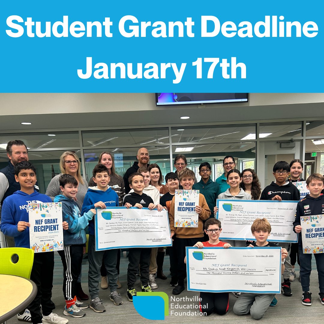 🚨 Attention Students! 🚨
The NEF Student Grant Application Deadline is January 17th! 

🌟 Do you have a creative idea or an innovative project that could make a difference in your school or community? Don’t wait—submit your application today! supportnef.org/i3-nef-grants