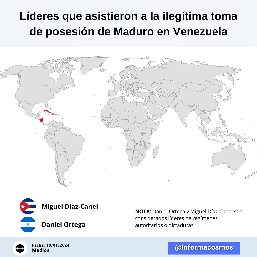 InformaCosmos's tweet photo. Nicolás Maduro asumió un tercer mandato como presidente de Venezuela, a pesar de las pruebas que demuestran que había perdido las elecciones frente a su contendiente Edmundo González.

Estos son los mandatarios que asistieron: https://t.co/sUgln88UYs