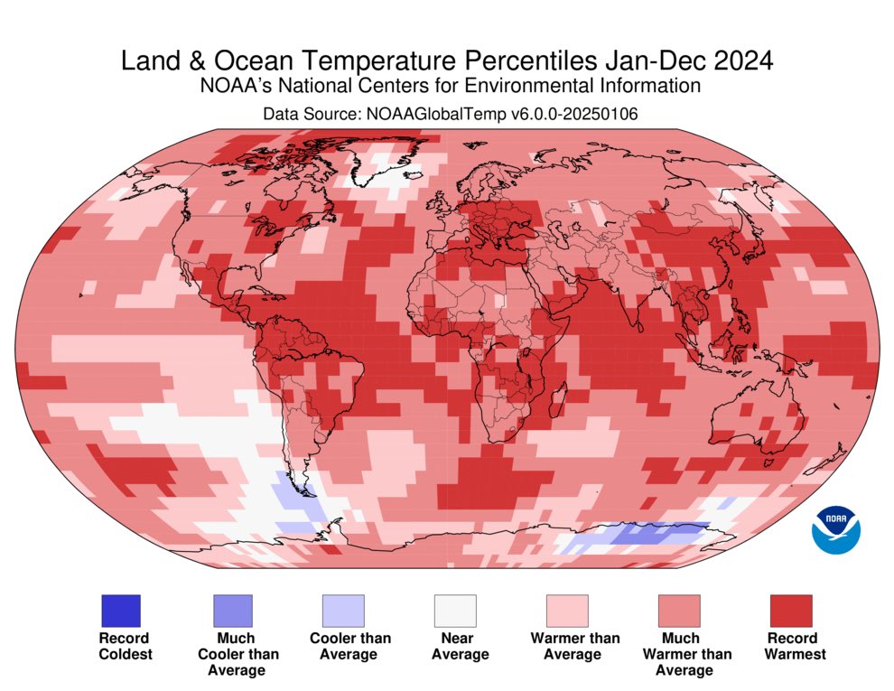 Dünya'nın 2024'teki ortalama kara ve okyanus yüzey sıcaklığı, 20. yüzyıl ortalamasının 2,32 derece F (1,29 derece C) üzerindeydi; bu, NOAA'nın 1850-2024 iklim kaydındaki tüm yıllar arasındaki en yüksek küresel sıcaklıktır.