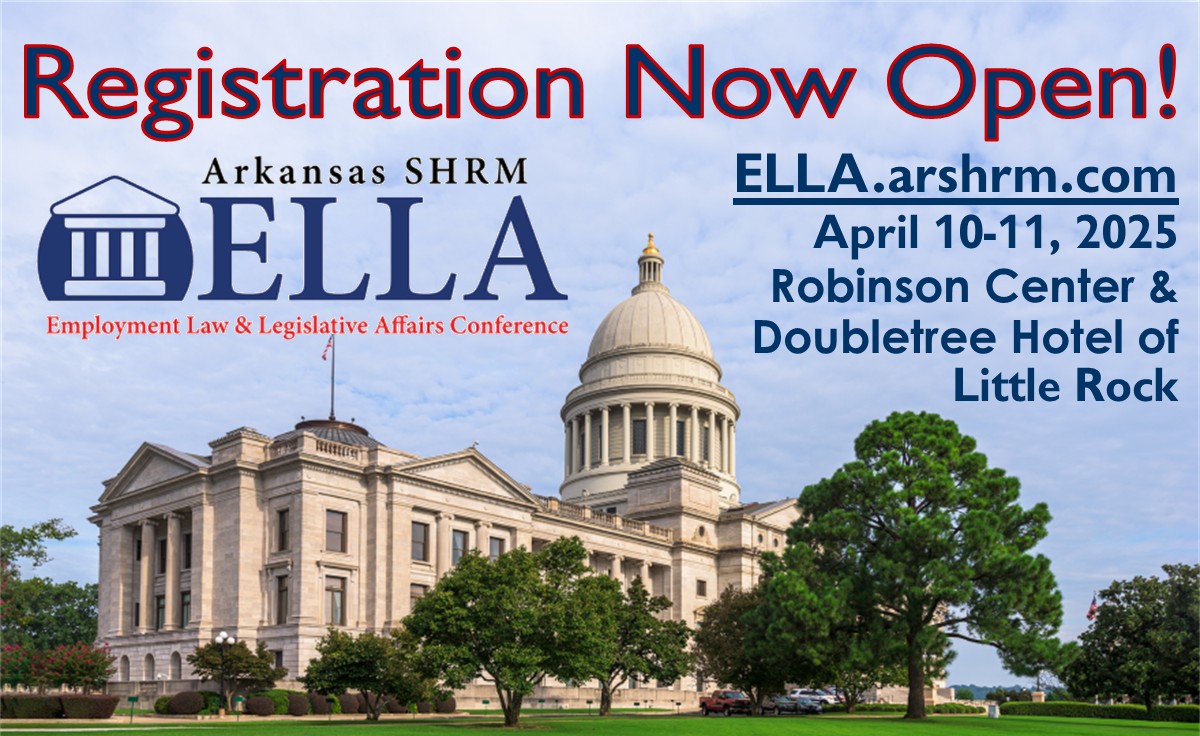 Looking for a snow day activity? ❄️ #ELLA2025 registration is live! Stay warm and toasty and sign up today! We'll see you in Little Rock in April for the 23rd Annual Arkansas Employment Law &amp; Legislative Affairs Conference! Rates go up in February. ella.arshrm.com