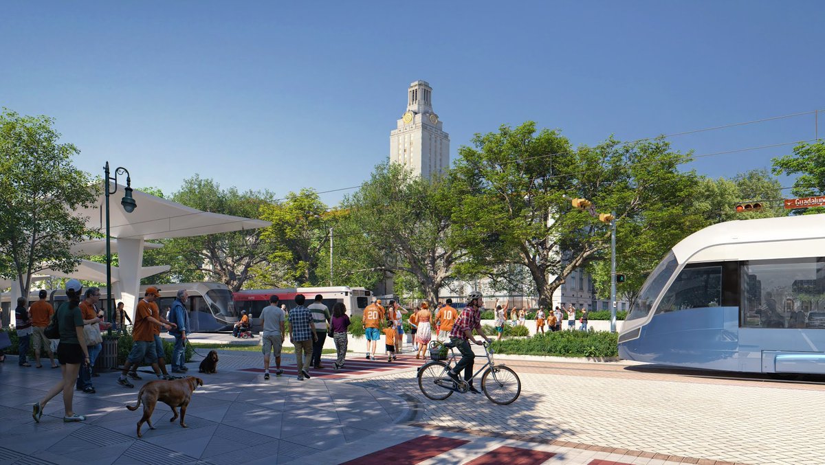 renderings from the new project connect report about Austin's upcoming light rail construction

pics in order: transit map, view from the future light rail/ped/bike bridge over town lake, future urban greenway along light rail tracks on riverside, the drag in its car-free future