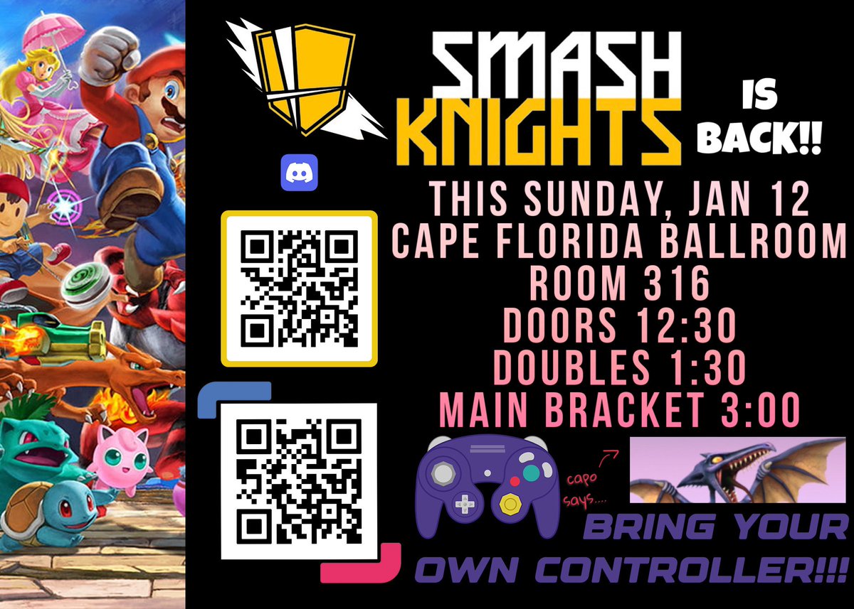 Smash_Knights's tweet photo. Smash Knights Returns for the Spring 2025 Semester!
We're hosting FREE Smash Ultimate Brackets at UCF. All are invited, even non-students! 
Come see us every Sunday - featuring Singles, Doubles, Redemption Bracket, and more!
Join our Discord to see times and locations! https://t.co/sXbiuy8VnA