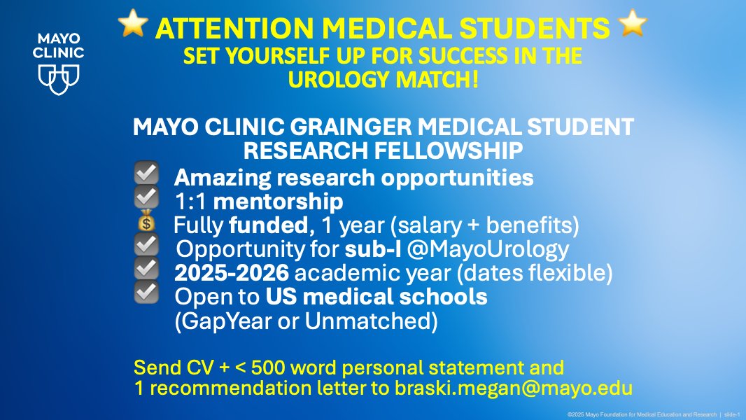 Mayo Clinic Urology (@mayourology) on Twitter photo Attention Med Students ~ Apply now for the Mayo Clinic Grainger Medical Student Research Fellowship!
Apps due Feb 12. #UroSoMe <a href="/UroResidency/">UroResidency</a> <a href="/Uro_Res/">The Urology Applicant ⚕</a> <a href="/Uro_Stream/">UroStream</a> <a href="/AmerUrological/">Amer. Urol. Assn.</a> <a href="/UroAcademic/">Society of Academic Urologists</a> <a href="/abhinav__khanna/">Abhinav Khanna</a> Attention Med Students ~ Apply now for the Mayo Clinic Grainger Medical Student Research Fellowship!
Apps due Feb 12. #UroSoMe <a href="/UroResidency/">UroResidency</a> <a href="/Uro_Res/">The Urology Applicant ⚕</a> <a href="/Uro_Stream/">UroStream</a> <a href="/AmerUrological/">Amer. Urol. Assn.</a> <a href="/UroAcademic/">Society of Academic Urologists</a> <a href="/abhinav__khanna/">Abhinav Khanna</a>