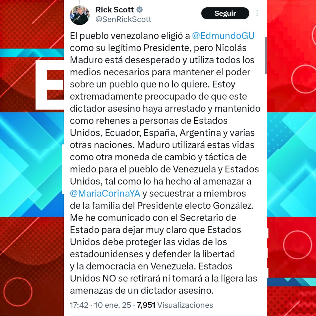 eldatove's tweet photo. 🚨 #AHORA Rick Scott llamo al secretario de estado de la administración de Biden, para exigirle la protección de las vidas estadounidenses que están secuestrados por la dictadura de Nicolás Maduro, también destacó que Estados Unidos no se lo tomará a la ligera. #10E https://t.co/qHxNu2aLoc