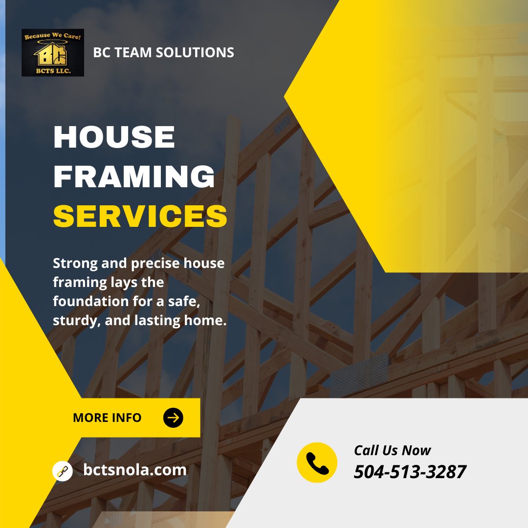 BCTeamSolutions's tweet image. 🏠 House Framing Services
BC Team Solutions provides reliable and affordable house framing in Louisiana. Call us today at 📞 504-513-3287 for a quote!
#HouseFraming #LouisianaContractor #BCTeamSolutions #HomeConstruction #AffordableRates #ReliableService #CallToday