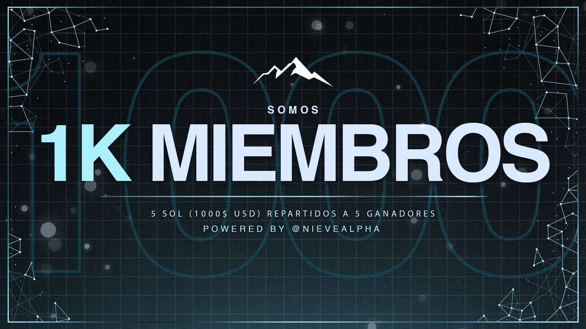 Nieve Alpha (@nievealpha) on Twitter photo ¡Somos 1000 miembros! 🥳
Para celebrarlo vamos a sortear 5 SOL, en dónde 5 ganadores recibirán 1 Solana (~200usd)
Para entrar:
1️⃣ Seguir a <a href="/NieveAlpha/">Nieve Alpha</a> y estar en nuestro discord
2️⃣ Dar Like y RT a este Tweet
3️⃣ Puedes comentar para más posibilidades de ganar
Ganadores 15/01 ¡Somos 1000 miembros! 🥳
Para celebrarlo vamos a sortear 5 SOL, en dónde 5 ganadores recibirán 1 Solana (~200usd)
Para entrar:
1️⃣ Seguir a <a href="/NieveAlpha/">Nieve Alpha</a> y estar en nuestro discord
2️⃣ Dar Like y RT a este Tweet
3️⃣ Puedes comentar para más posibilidades de ganar
Ganadores 15/01