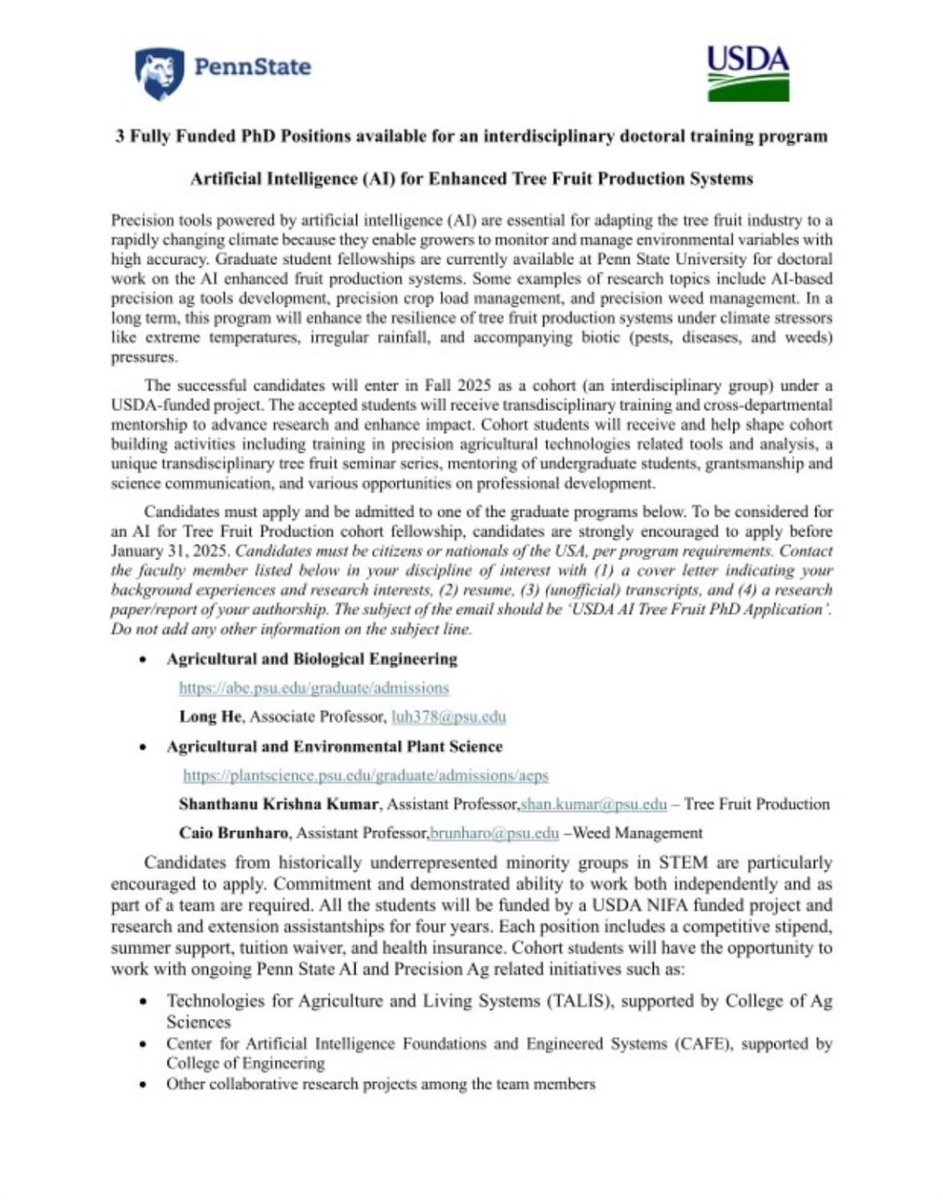 Felo Anifel (@anifel20) on Twitter photo 3 Fully Funded PhD Positions are available for an interdisciplinary PhD research training program in Artificial Intelligence (AI) for Enhanced Tree Fruit Production Systems at the Pennsylvania State University (PSU)
CONTACT EMAIL- luh378@psu.edu
Email: szk6480@psu.edu 3 Fully Funded PhD Positions are available for an interdisciplinary PhD research training program in Artificial Intelligence (AI) for Enhanced Tree Fruit Production Systems at the Pennsylvania State University (PSU)
CONTACT EMAIL- luh378@psu.edu
Email: szk6480@psu.edu