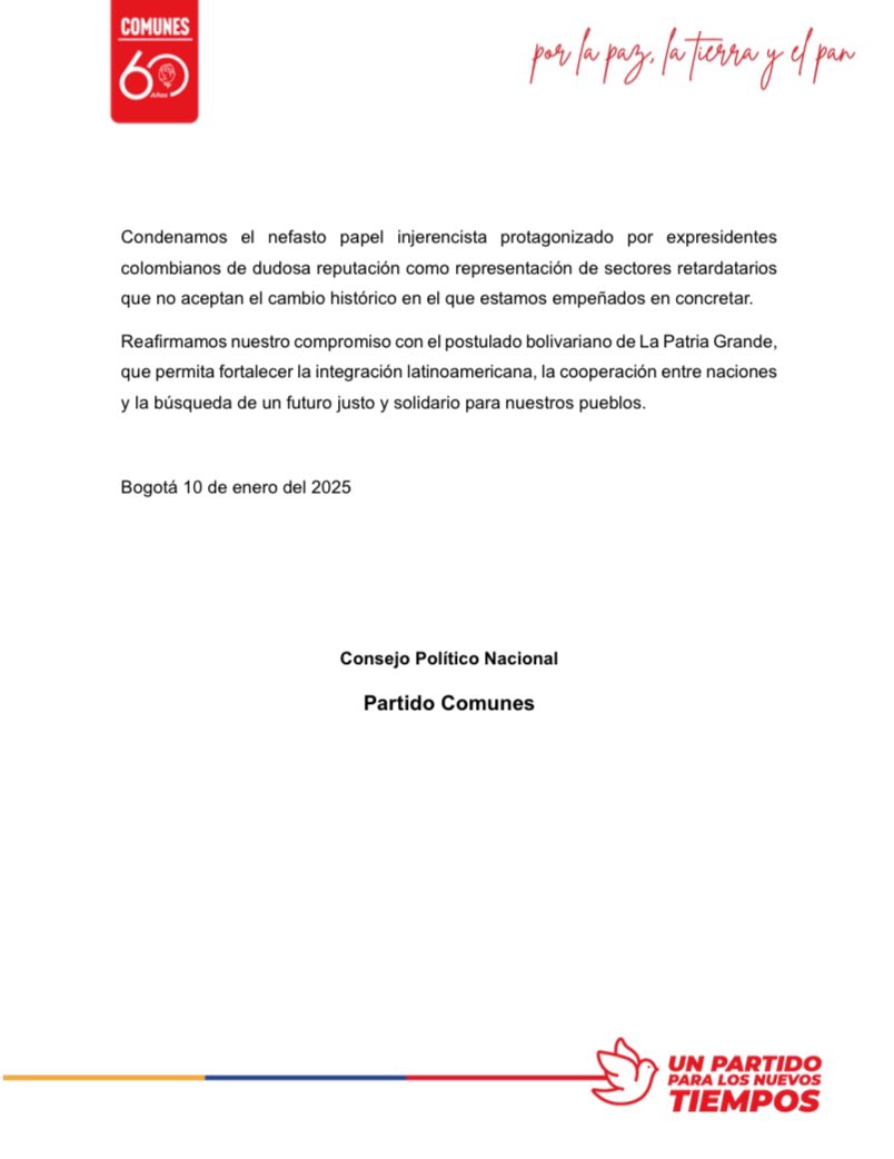 Desde el Consejo Político Nacional, máxima instancia de dirección de nuestro Partido, saludamos y expresamos nuestro absoluto respaldo a la posesión del presidente <a href="/NicolasMaduro/">Nicolás Maduro</a>. 

En tiempos de pretensiones coloniales del norte, hacemos un llamado urgente a la integración