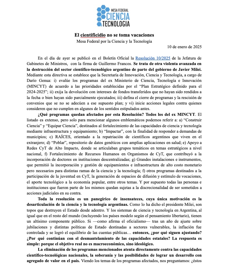 mesa_cytec's tweet photo. EL #CIENTIFICIDIO NO SE TOMA VACACIONES

📌 Declaración de la _Mesa Federal por la Ciencia y la Tecnología_ ante la Resolución 10/2025 publicada el 9 de enero de 2025 en el Boletín Oficial de la Nación Argentina 🇦🇷 https://t.co/FOQxT2kFCW https://t.co/RNyFhbe9hN