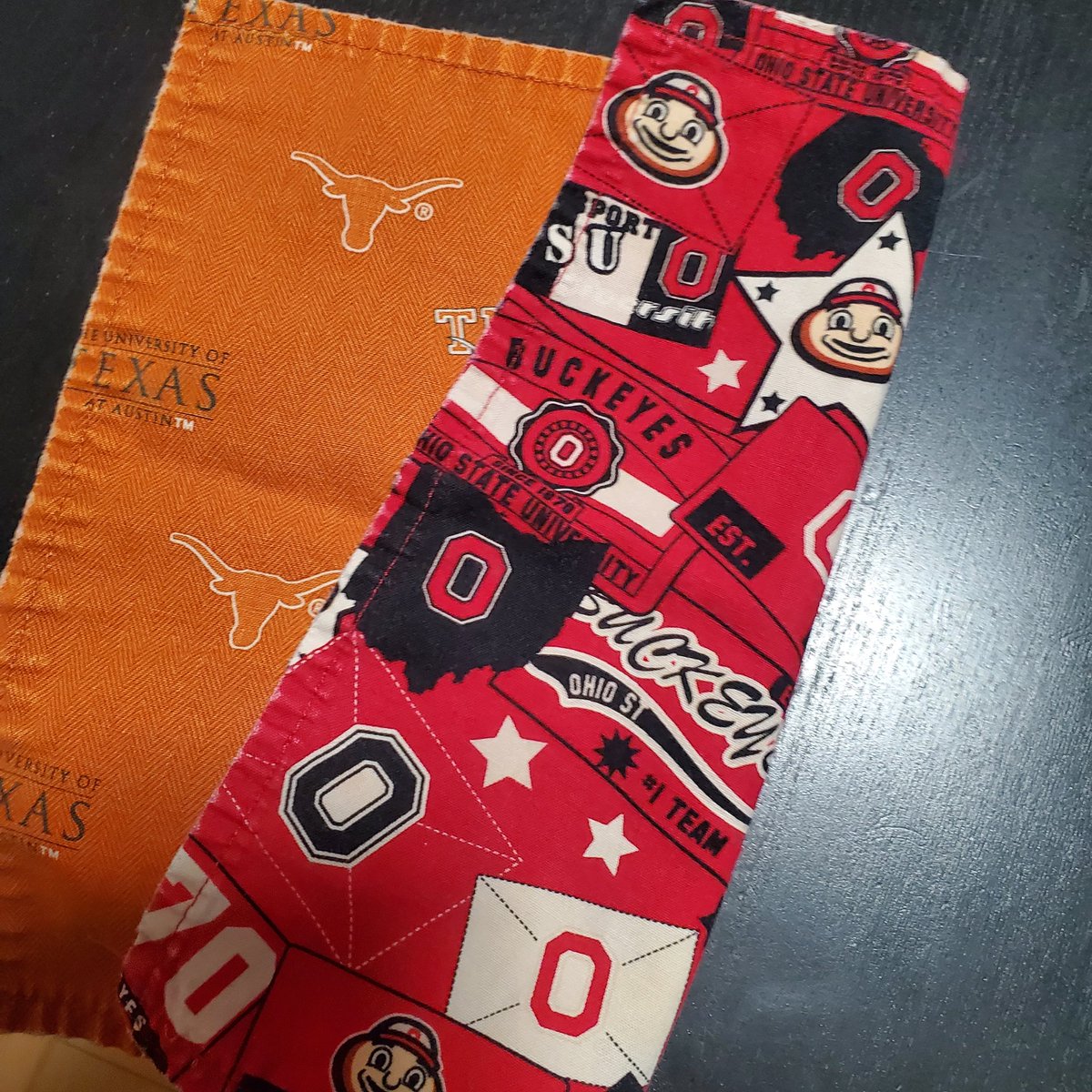 RunCindyR's tweet photo. Years ago my best friend moved to Texas.  She made these napkins for me.  She and her husband went to U of Texas.  My husband and I are OSU alumni.  😁 https://t.co/q0EaU68Gen