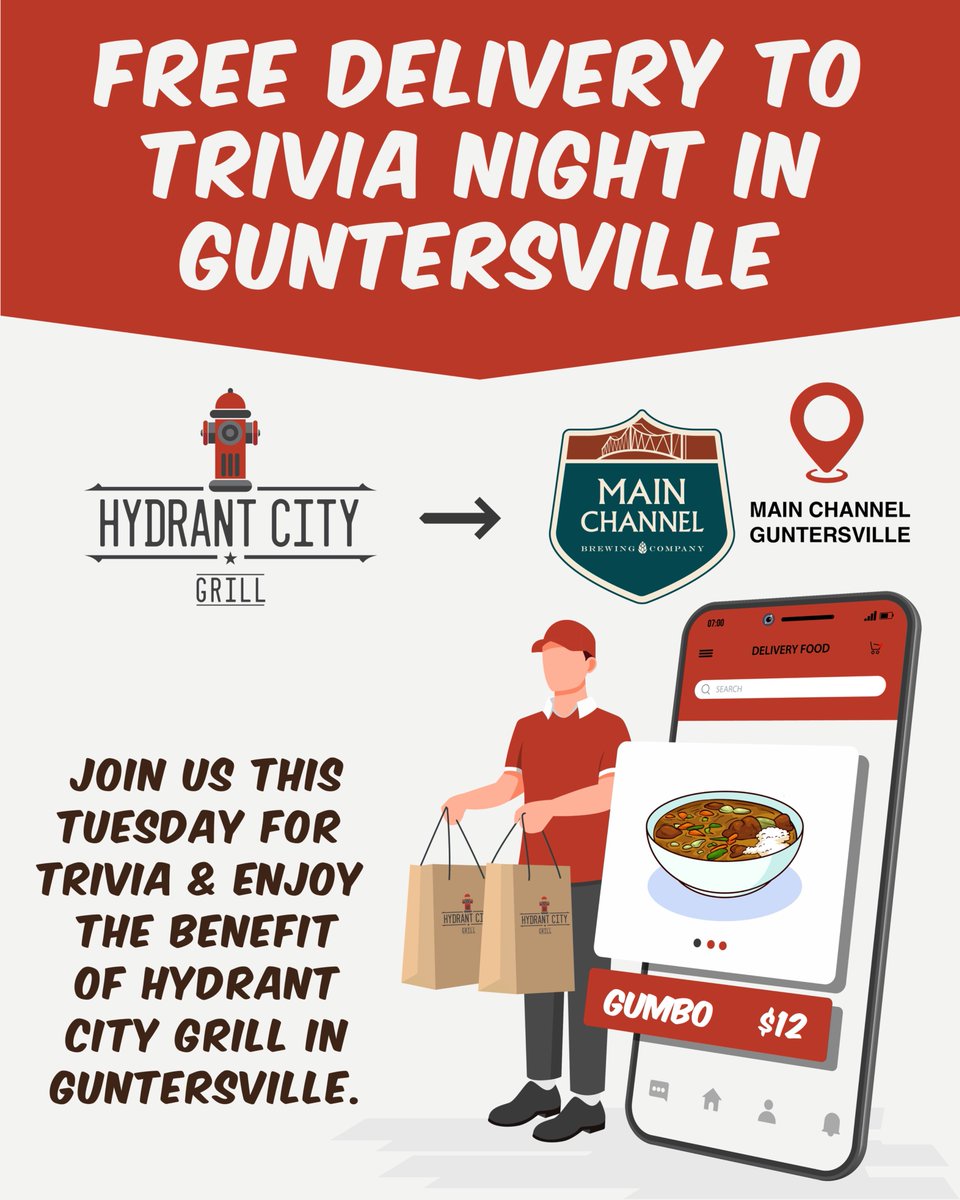 📣 We're Trying Something New! 📣

🔥 Free Deliveries from Hydrant City Grill to Main Channel Guntersville during Trivia Nights! 🔥

We'll be set up during trivia, helping customers place their orders for some delicious hot food while you enjoy cold drinks and brain-busting fun!