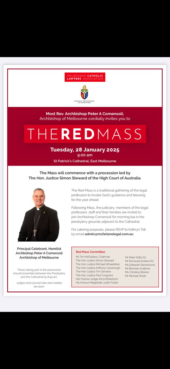 CLAN_AU's tweet photo. ⁦@MarkDreyfusKCMP⁩ ⁦@SonyaKilkenny⁩ ⁦@JacintaAllanMP⁩ ⁦@BenCarrollMP⁩ ⁦@Peter_Fox59⁩ ⁦@QuentinDempster⁩ 
⁦@VictorianLabor⁩ 
Is LizzieBlandthorn going #RedMass 28thJan
Was Justice Stewart on #HighCourt case priests NOT employees 
#SpringSt https://t.co/4gClkFAkr3