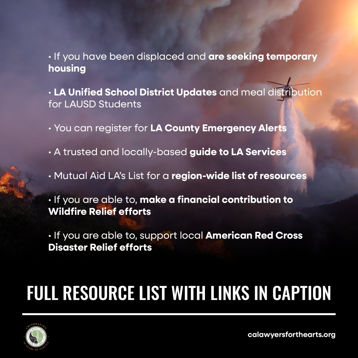 FULL RESOURCE LIST WITH LINKS: ow.ly/Heau50UEEE0

Sharing resources for those affected by the LA wildfires—thanks to Arts for LA, KCRW, Culture Magazine, &amp; CERF+ for compiling them. Links to more resources &amp; orgs offering direct aid included.