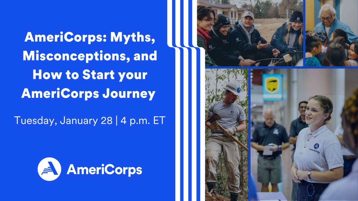 AmeriCorps's tweet photo. 🚨Myths, Misconceptions, and How to Start your AmeriCorps Journey🚨Tue., Jan. 28 | 4 p.m. ET

Curious about @AmeriCorps? Join our webinar to debunk myths, explore the truth about service, and learn how to start your journey. Don’t miss it! Register here: https://t.co/HUl4ghPXLK https://t.co/PAbXui3lzC