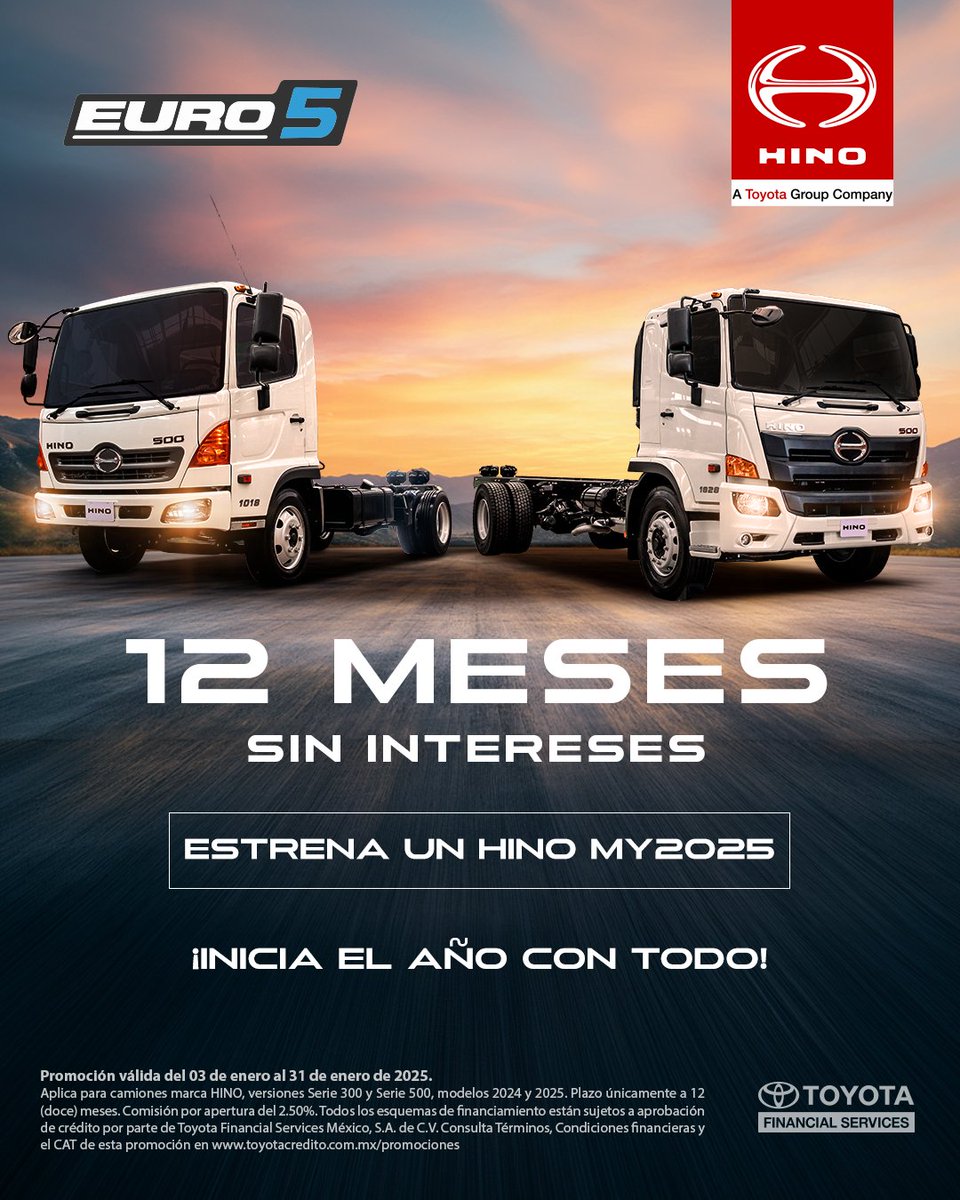 No hay mejor forma de iniciar el 2025 que estrenando una unidad Hino Euro 5 con hasta 12 meses sin intereses.

Busca tu concesionario más cercano y pregunta por esta oferta comercial.

#1EnServicio #CamionesHino #HinoMX #EficienciaHino #DesempeñoHino