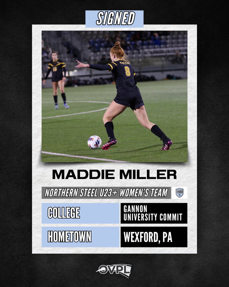 Northern Steel Soccer (@northernsteel_) on Twitter photo Big welcome to Maddie Miller, who joins the Northern Steel U23+ Women’s Team! A Gannon University commit, we can’t wait to see what she brings to the field this <a href="/ovplsoccer/">OVPL Soccer</a> season.
#NorthernSteelU23 #SteelProud #OVPLSoccer Big welcome to Maddie Miller, who joins the Northern Steel U23+ Women’s Team! A Gannon University commit, we can’t wait to see what she brings to the field this <a href="/ovplsoccer/">OVPL Soccer</a> season.
#NorthernSteelU23 #SteelProud #OVPLSoccer