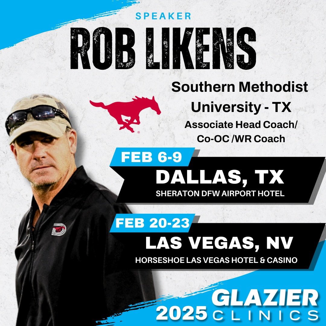 ROB LIKENS (@coachroblikens) on Twitter photo After enjoying an AMAZING record breaking season with <a href="/SMUFB/">SMU Football</a>, I am excited to bring the energy to <a href="/GlazierClinics/">Glazier Clinics</a> in Dallas Feb 7 & Las Vegas Feb 21. If you are serious about throwing the football, I’ll see you there! After enjoying an AMAZING record breaking season with <a href="/SMUFB/">SMU Football</a>, I am excited to bring the energy to <a href="/GlazierClinics/">Glazier Clinics</a> in Dallas Feb 7 & Las Vegas Feb 21. If you are serious about throwing the football, I’ll see you there!