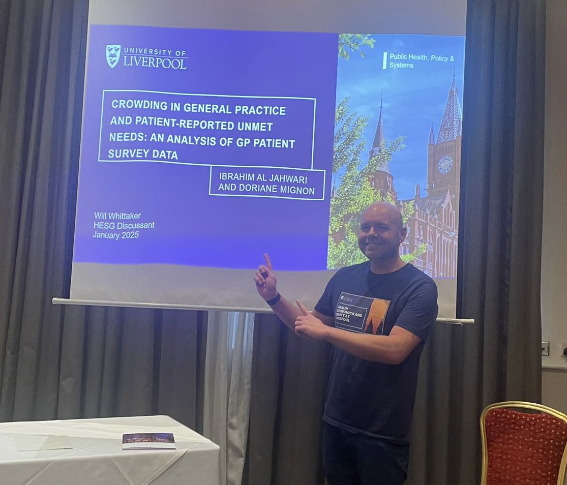 Health Economics and Equity at Liverpool (HEEL) (@healthecon_heel) on Twitter photo Our Will (<a href="/HealthEcon_Will/">Will Whittaker</a>) discussing a paper on the relationship between crowding and unmet need in primary care by Ibrahim Al Jahwari and <a href="/do_mignon/">Doriane Mignon</a> from <a href="/HOPE_UoM/">HOPE at UoM</a> at #hesg #healtheconomics Our Will (<a href="/HealthEcon_Will/">Will Whittaker</a>) discussing a paper on the relationship between crowding and unmet need in primary care by Ibrahim Al Jahwari and <a href="/do_mignon/">Doriane Mignon</a> from <a href="/HOPE_UoM/">HOPE at UoM</a> at #hesg #healtheconomics