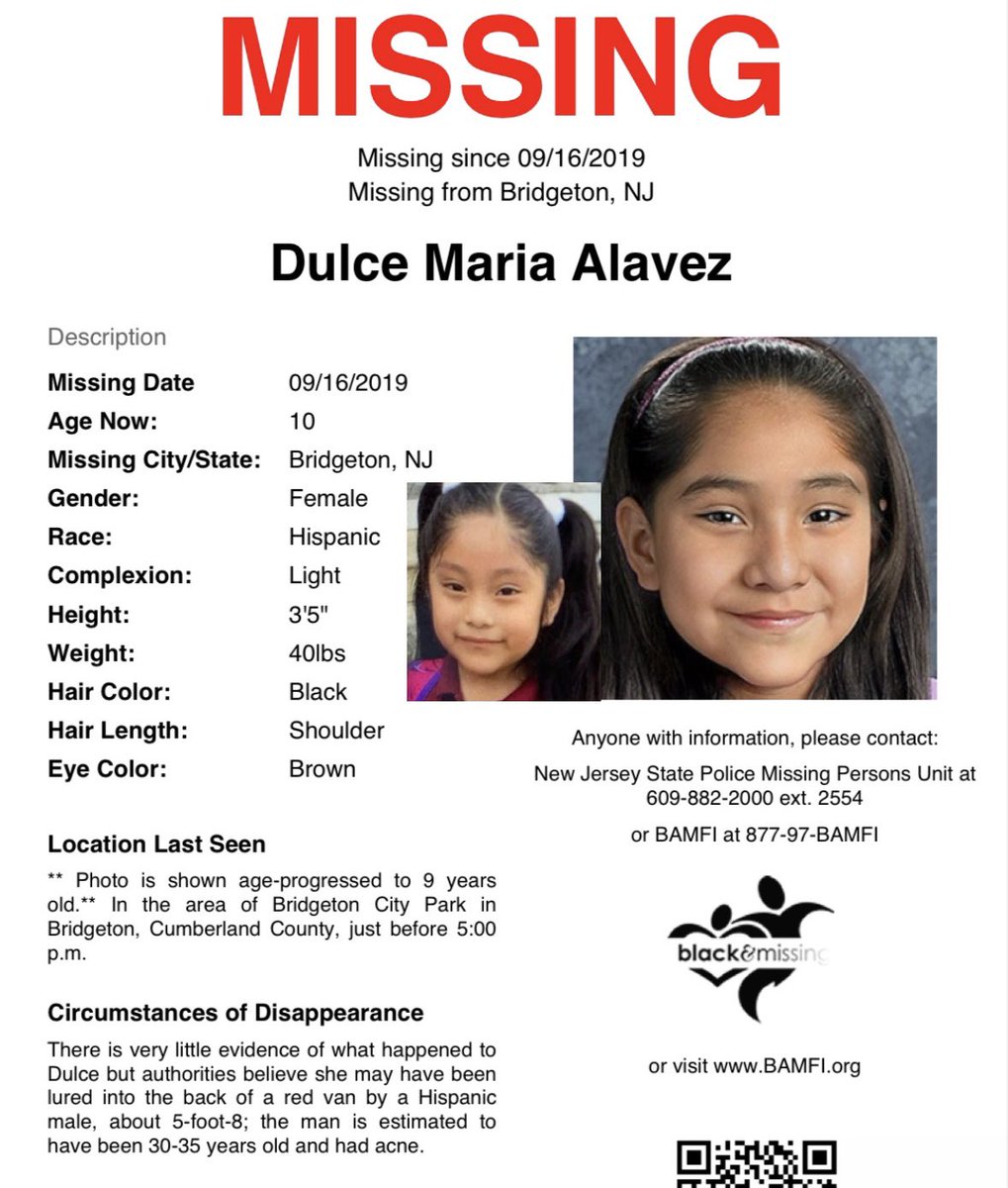 BAM_FI's tweet photo. #FindingFriday: #Bridgeton, #NJ: Then 5y/o #DulceAlavez was last seen in Bridgeton City Park in Cumberland County, just before 5pm in a yellow shirt with a Koala Bear, black &amp; white pants &amp; white sandals. Authorities believe she may have been lured into the back of a red van by a https://t.co/lE3MUdlP2u