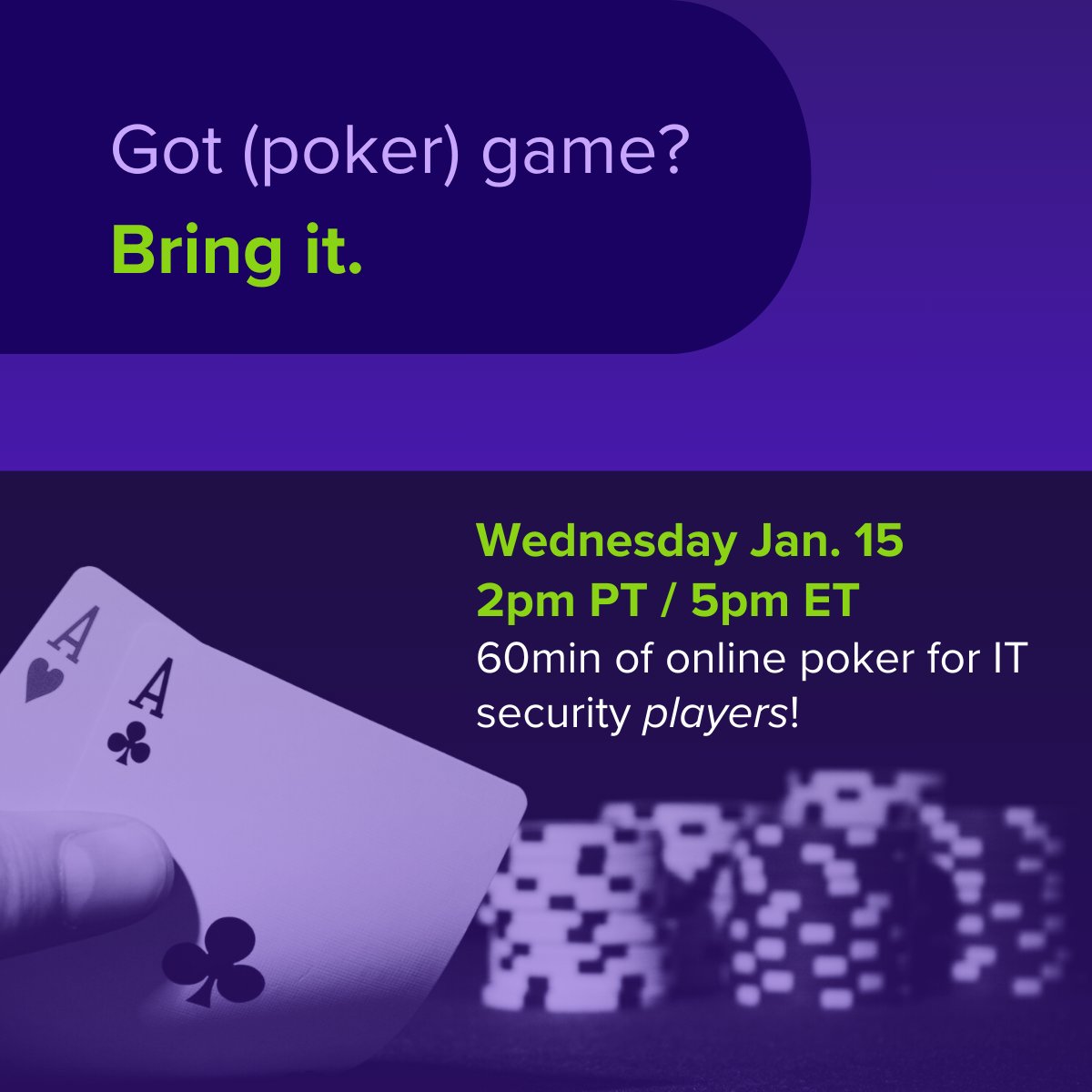 Ready to show off your poker chops, or just play cards and get some hang time with peers? IT Security leaders, join us for Nightfall's first Cloud Poker Night NEXT WEDNESDAY–on us! 
Check it out, and become a real security player: hubs.li/Q0324Fqj0
#nightfall