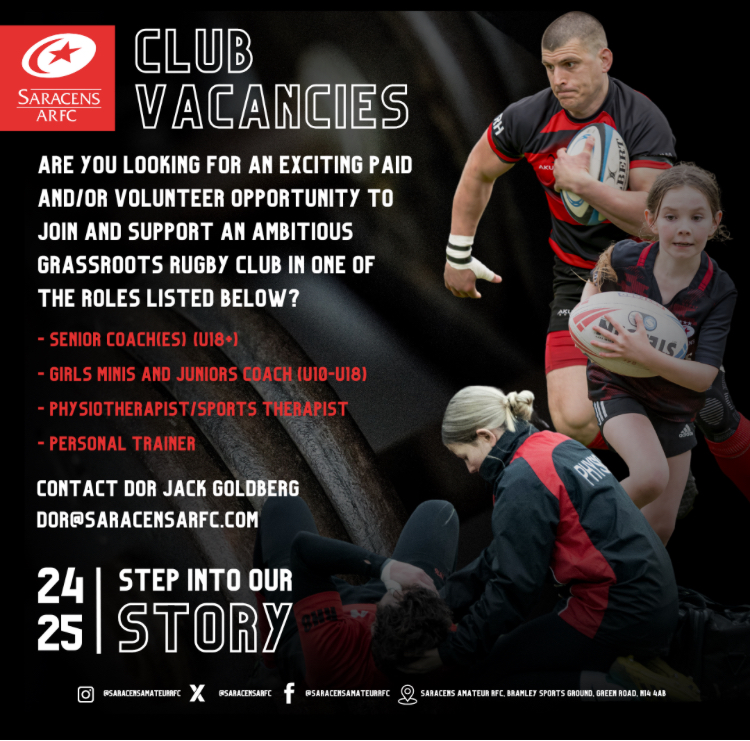 Rugby Vacancies (@rugbyvacancies) on Twitter photo Saracens Amateurs RFC are looking for:
Coaches (seniors)
Coaches (girls minis & juniors)
Physio
Personal Trainer
For further info contact dor@saracensarfc.com. Saracens Amateurs RFC are looking for:
Coaches (seniors)
Coaches (girls minis & juniors)
Physio
Personal Trainer
For further info contact dor@saracensarfc.com.