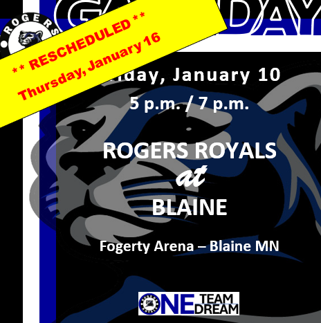 RogersGirlsPuck's tweet photo. ** RESCHEDULED **
game tonight versus Blaine is now scheduled for 
NEXT THURSDAY January 16 https://t.co/iPoqhGk8bf