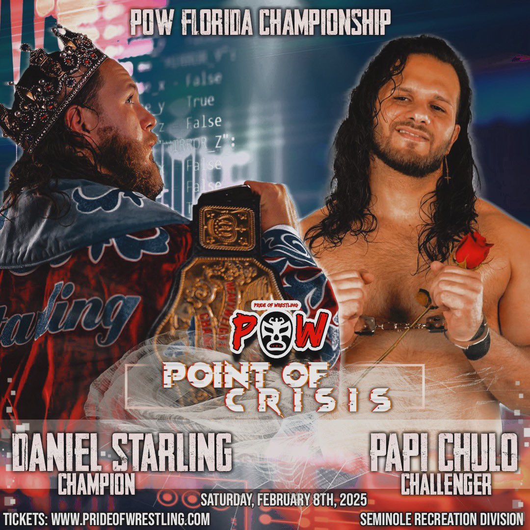 Pride of Wrestling (@powrestlingllc) on Twitter photo POW Florida Championship <a href="/DanStarling1998/">Daniel Starling</a> defends against El Papi Chulo‼️
🚨POW presents POW37 Point of Crisis‼️ Saturday February 8th 6:00pm at the Seminole Recreation Center in Seminole FL🚨
🎟️ Tickets: prideofwrestling.com POW Florida Championship <a href="/DanStarling1998/">Daniel Starling</a> defends against El Papi Chulo‼️
🚨POW presents POW37 Point of Crisis‼️ Saturday February 8th 6:00pm at the Seminole Recreation Center in Seminole FL🚨
🎟️ Tickets: prideofwrestling.com