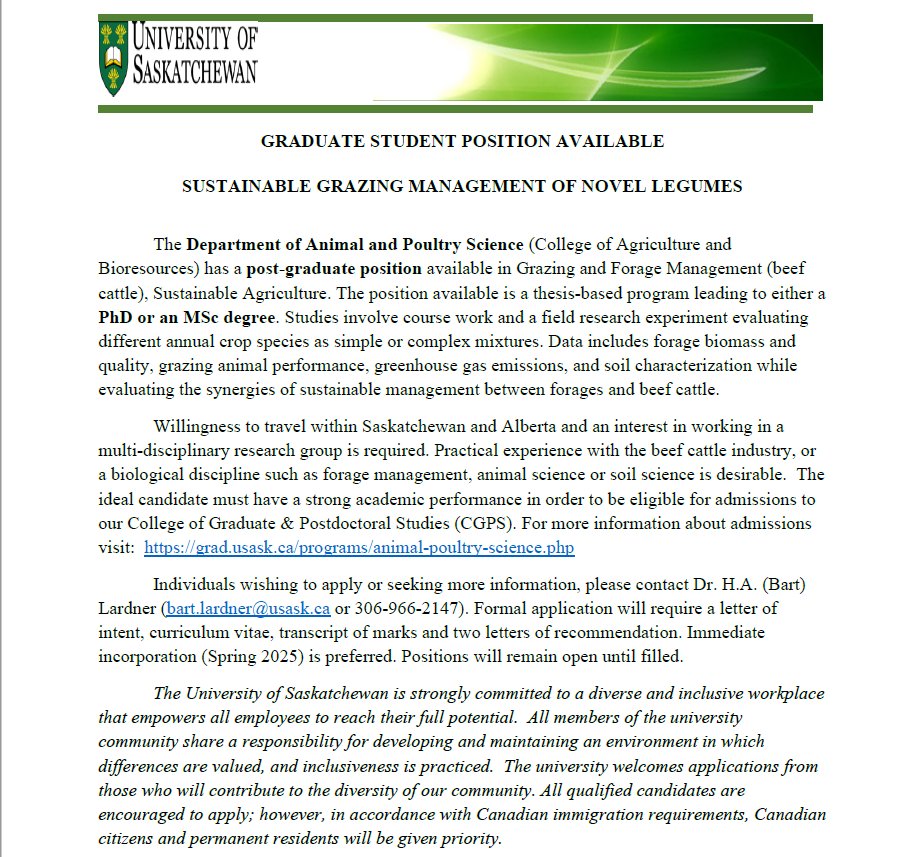 A graduate student position is available with Prof Dr. Bart Lardner at U of S. Please refer to the attached poster and share to anyone who might be interested.