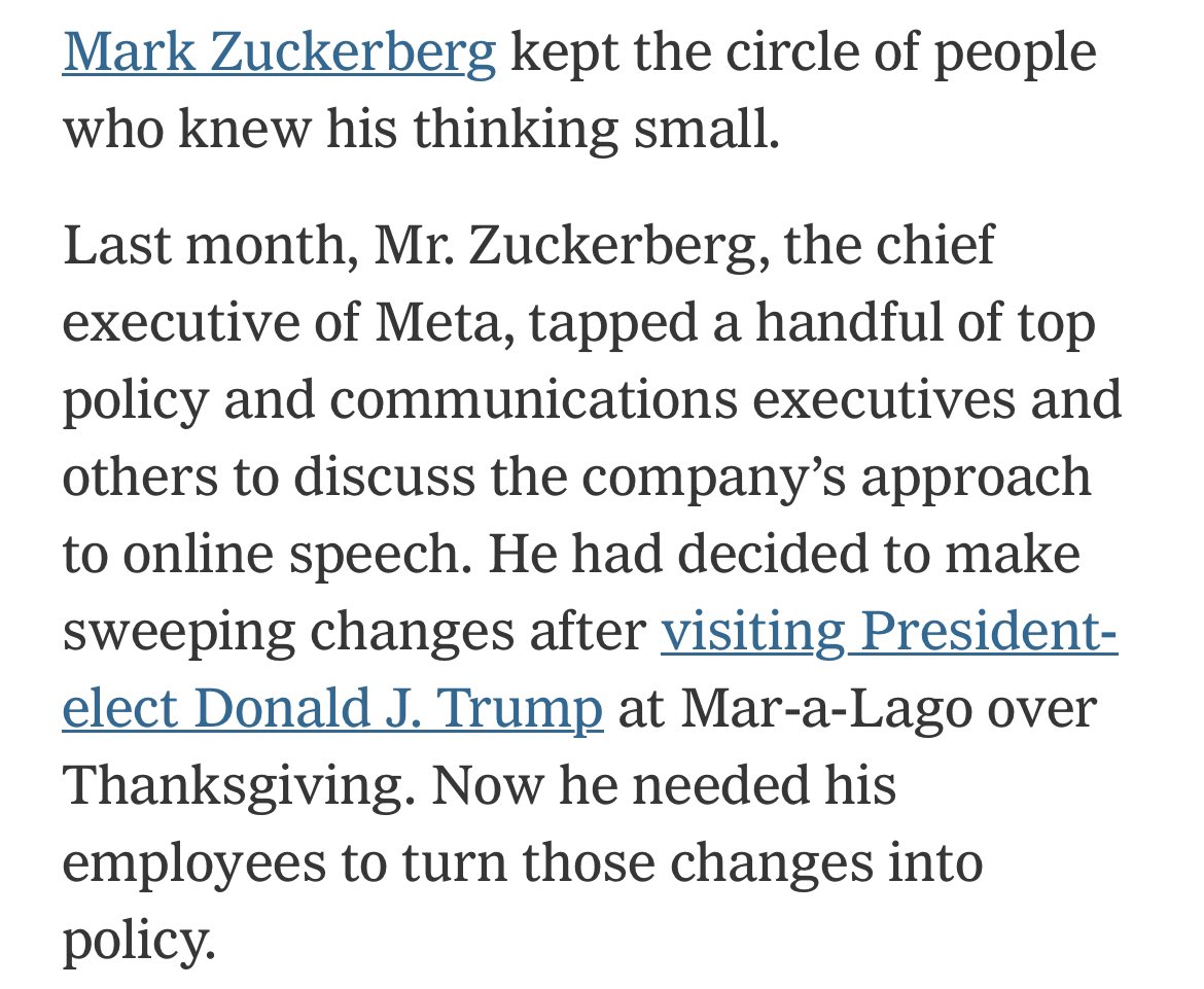 NEW: inside Mark Zuckerberg’s six-week sprint to remake Meta for the Trump Era

w <a href="/sheeraf/">Sheera Frenkel</a> <a href="/kateconger/">kate conger</a> 

nytimes.com/2025/01/10/tec…