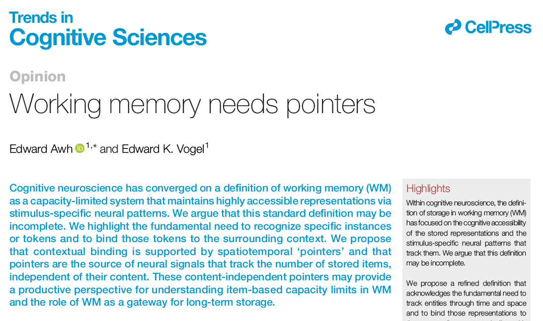 TrendsCognSci's tweet photo. Working memory needs pointers

Opinion by Edward Awh (@AwhEdward) &amp; Edward Vogel
Free access before Feb 26: https://t.co/Q3wvzt3gtF https://t.co/kcGgs28GCG