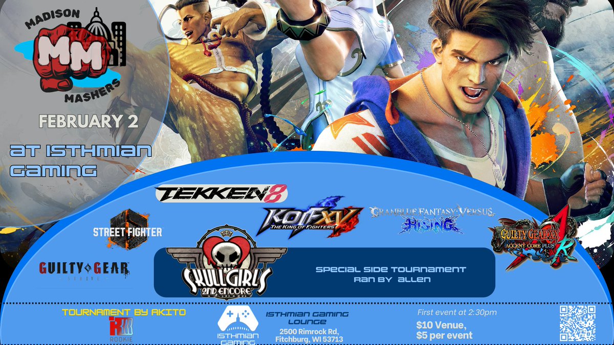 RKE || Akito (@akitofgc) on Twitter photo Ladies and Gentlemen. IT'S SHOWTIME!
Madison Masher's Monthly returns for it's 10th installment featuring Skullgirls 2nd Encore hosted by Milwaukee's own Allen! Come join us February 2nd <a href="/IsthmianGaming/">Isthmian Gaming</a> with beer and soda tastings by <a href="/deltabeerlab/">Delta Beer Lab</a>!
challonge.com/events/60A3O#/ Ladies and Gentlemen. IT'S SHOWTIME!
Madison Masher's Monthly returns for it's 10th installment featuring Skullgirls 2nd Encore hosted by Milwaukee's own Allen! Come join us February 2nd <a href="/IsthmianGaming/">Isthmian Gaming</a> with beer and soda tastings by <a href="/deltabeerlab/">Delta Beer Lab</a>!
challonge.com/events/60A3O#/