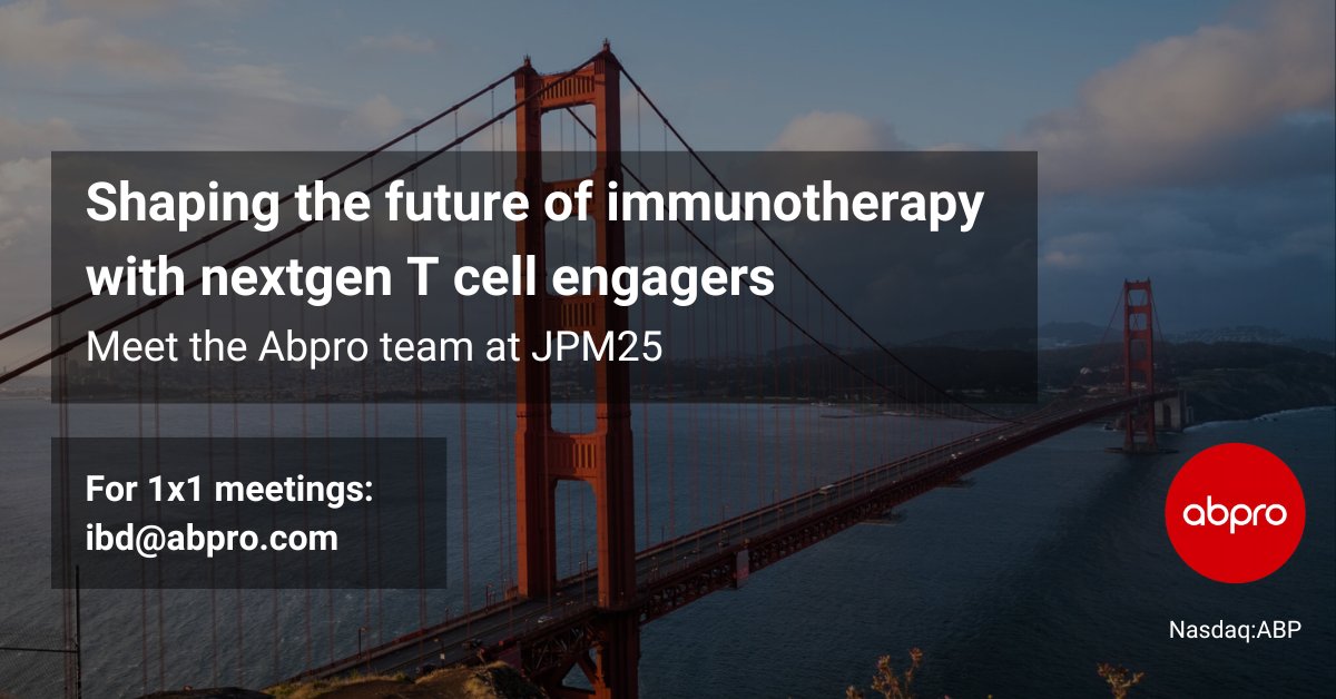 Abpro's tweet photo. Our team will be at #JPM25 discussing our advancement of nextgen #TCellEngagers to help patients battling solid tumors, breast, gastric, liver, colorectal and others, and our mission to impact the future of #immunotherapy. Contact bd@abpro.com to schedule a 1X1 with us.

#JPMWeek https://t.co/PD0PH9T0v0