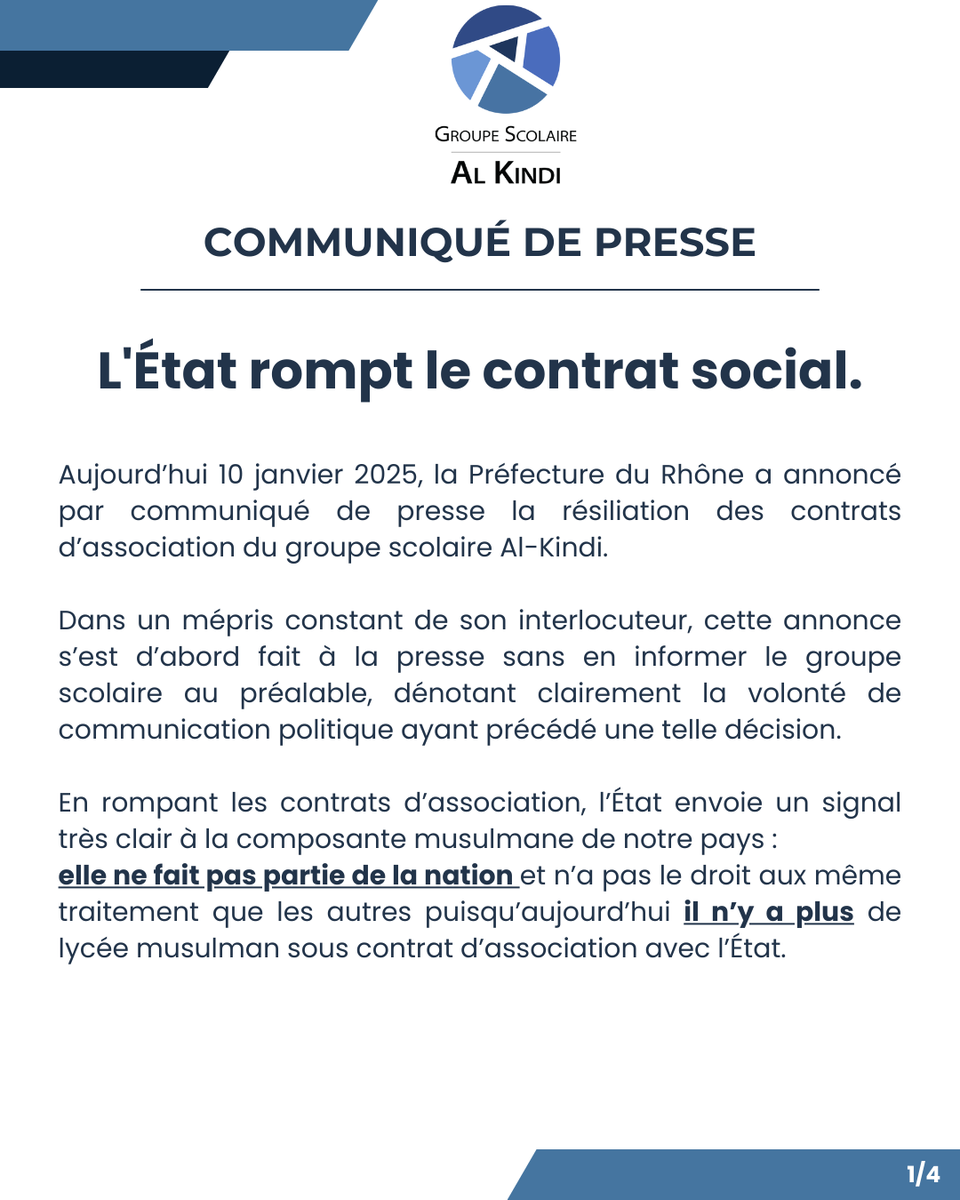 alkindi_GS's tweet photo. @BrunoRetailleau Communiqué de presse du Groupe Scolaire Al-Kindi suite à l'annonce par la Préfecture @prefetrhone  de la résiliation de ses contrats d'association.
#AlKindi #ÉducationPourTous #StopIslamophobie https://t.co/kGWHfPtcl3