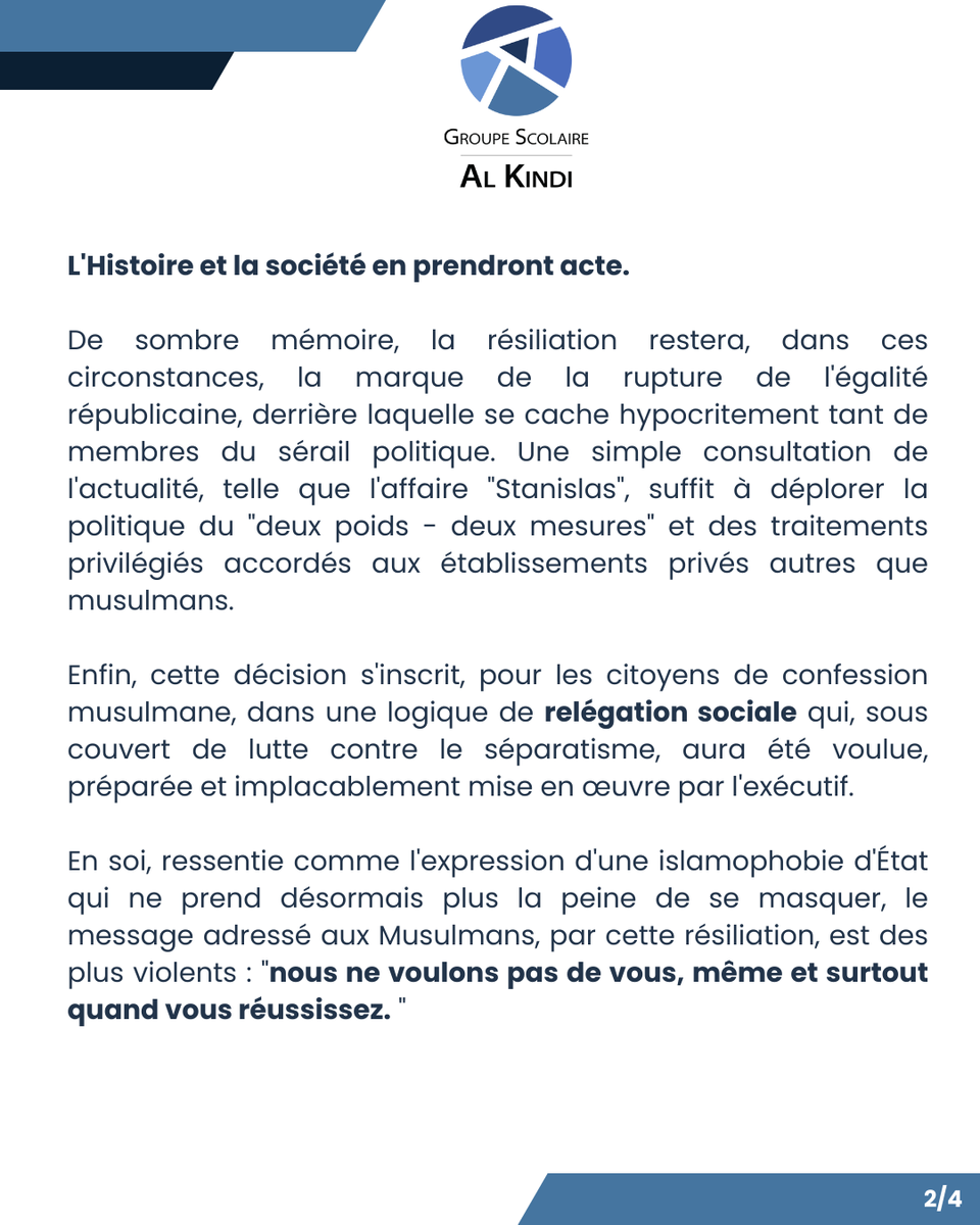 alkindi_GS's tweet photo. @BrunoRetailleau Communiqué de presse du Groupe Scolaire Al-Kindi suite à l'annonce par la Préfecture @prefetrhone  de la résiliation de ses contrats d'association.
#AlKindi #ÉducationPourTous #StopIslamophobie https://t.co/kGWHfPtcl3