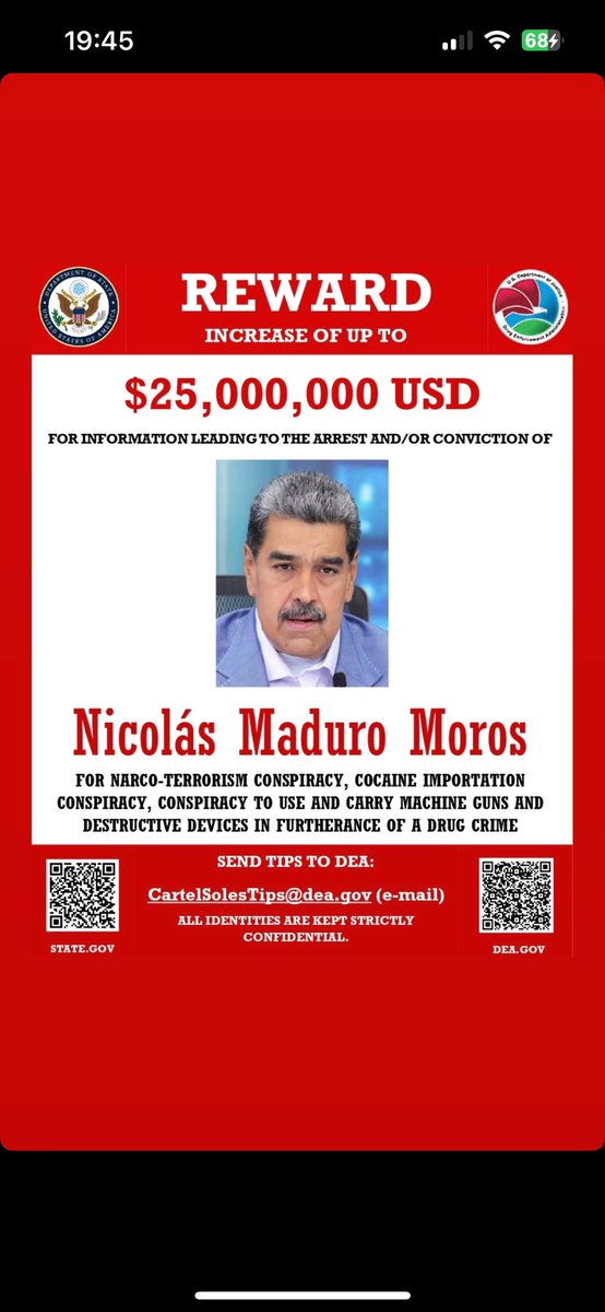 joseavlr's tweet photo. Estados Unidos actualizó la recompensa por Maduro: está ofreciendo lo mismo que en su momento ofreció por Bin Laden y por el máximo líder de ISIS/DAESH. 25 millones de dólares es lo máximo que jamás ha ofrecido por un criminal. https://t.co/ITGfXWTgMo