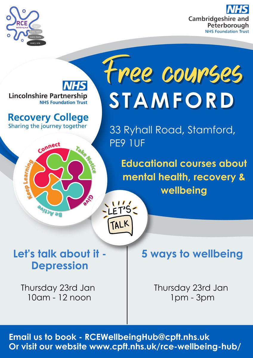 RCE Wellbeing Hub (@cpft_rce) on Twitter photo *FACE TO FACE DELIVERY WITH <a href="/LPFTNHS/">Lincolnshire Partnership NHS Foundation Trust</a> Recovery College*
Join us on Thursday 23rd January as we co-deliver two courses with LPFT Recovery College in Stamford!
Morning course: Let’s Talk About it… Depression
Afternoon course: 5 Ways to Wellbeing
Email us to book!
#hope 🌱 *FACE TO FACE DELIVERY WITH <a href="/LPFTNHS/">Lincolnshire Partnership NHS Foundation Trust</a> Recovery College*
Join us on Thursday 23rd January as we co-deliver two courses with LPFT Recovery College in Stamford!
Morning course: Let’s Talk About it… Depression
Afternoon course: 5 Ways to Wellbeing
Email us to book!
#hope 🌱