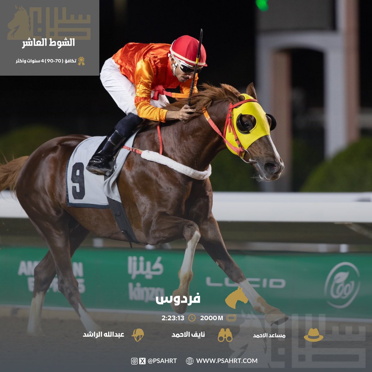 🏆 | 
أمسية كأس الأمير سلطان العالمية 

نتيجة الشوط العاشر 

▫️الفائز : فردوس 
▫️المالك : مساعد الاحمد 
▫️المدرب : نايف الاحمد
▫️الخيال : عبدالله الراشد
▫️المسافة : 2000m
▫️الزمن : 2:23:13

#نادي_سباقات_الخيل #كاس_الامير_سلطان_العالمي