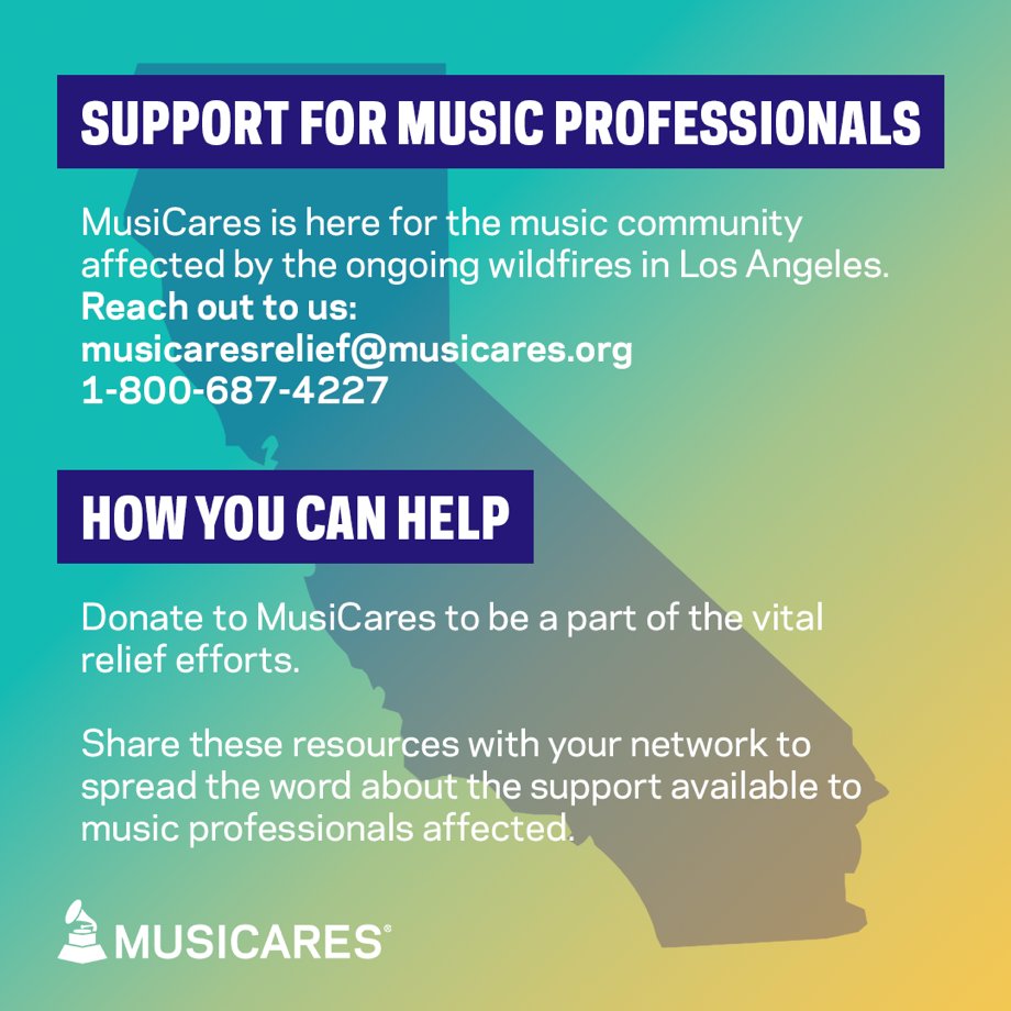 Bandsintown (@bandsintown) on Twitter photo .@musicares is providing urgent relief to music professionals and artists currently impacted by the LA wildfires
You can support by donating here: donor.musicares.org/page/lafirerel…
Need help?
💌 musicaresrelief@musicares.org
📲 1-800-687-4227 .@musicares is providing urgent relief to music professionals and artists currently impacted by the LA wildfires
You can support by donating here: donor.musicares.org/page/lafirerel…
Need help?
💌 musicaresrelief@musicares.org
📲 1-800-687-4227