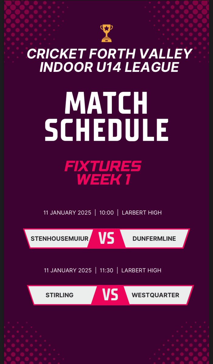 🏆U14 Forth Valley Indoor League 🏆

New Competition 👍👍👍

Starting tomorrow🏏🏏🏏🏏

Round 1️⃣ 💪💪

#choosecricket