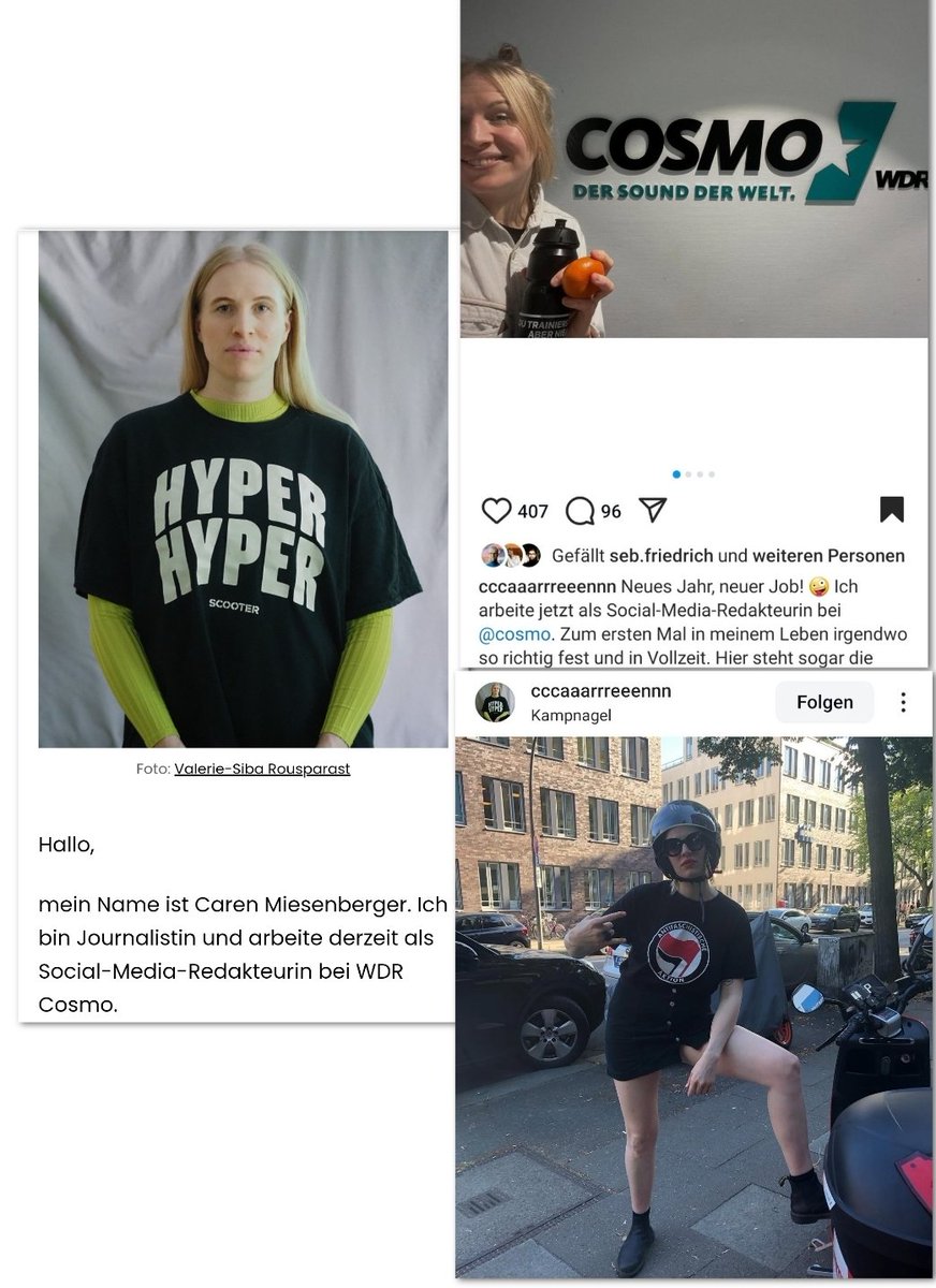 Die WDR Mitarbeiterin Caren Miesenberger posiert auf Instagram mit einem T-Shirt des Schwarzen Blocks der Antifa. Warum müssen die Gebührenzahler eine linksradikale Aktivistin finanzieren? #ReformOerr #Oerr