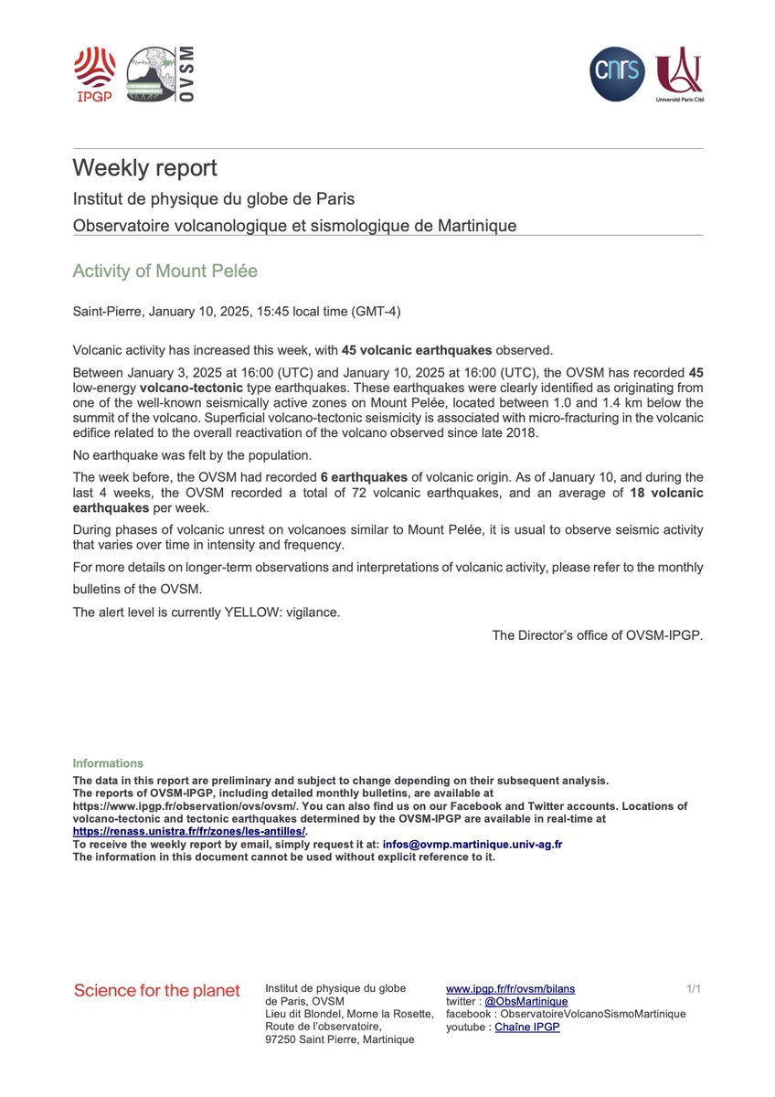 The weekly report of the activity of Mount Pelée for the period January 3 to 10, 2025 is available. Find all the preceding reports on the OVSM-IPGP webpage: ipgp.fr/fr/ovsm/bilans