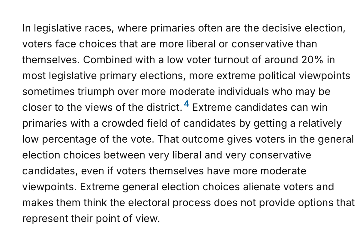 DonBerryann's tweet photo. An excellent research paper by Brookings Institute with many important insights.  I appreciated this articulation of the current problem with Party Primaries.  Use of Instant Runoff Voting (ranked choice) addresses extremism by ensuring majority support. https://t.co/387kx0N3Rg