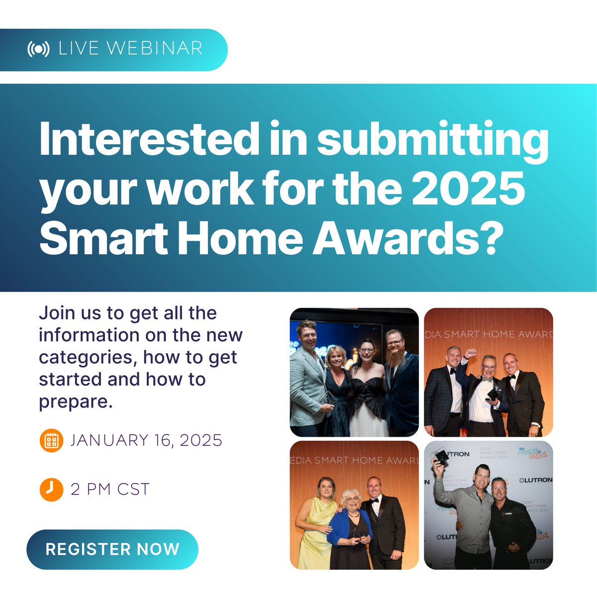 It’s time to start planning your 2025 Smart Home Awards submissions! Join our webinar on Thursday, January 16, at 2 PM CST to hear about our new award categories and learn how to best submit your amazing projects for consideration.

Register to attend: us02web.zoom.us/webinar/regist…