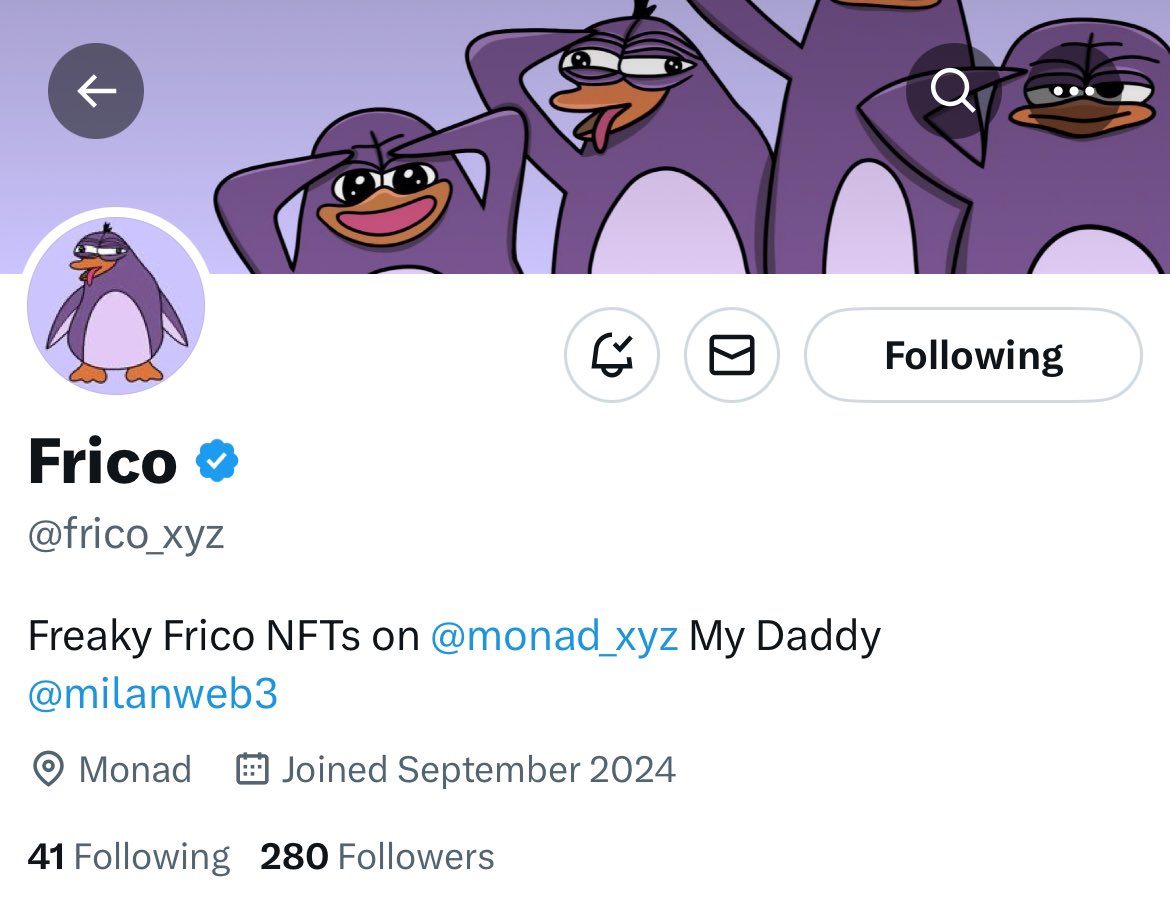 Trap x͜x (@0laoluwakiitan) on Twitter photo Early Alpha on Monad 💜🟣
• <a href="/frico_xyz/">Frico</a> 
> Followers: 280
> Founder: <a href="/fury8413/">fury🟣monadoll</a> Early Alpha on Monad 💜🟣
• <a href="/frico_xyz/">Frico</a> 
> Followers: 280
> Founder: <a href="/fury8413/">fury🟣monadoll</a>