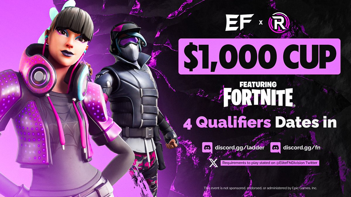 Elite Divisions (@elitefndivision) on Twitter photo Elite $1,000 Cup! 💰
Requirements to play:
- Follow <a href="/EliteFNDivision/">Elite Divisions</a> and <a href="/EliteScrims/">Elite Customs</a> 📋
- Retweet & Like ♻️
- @ Your Trio 💬
Complete the steps above and send proof to either discord.gg/ladder or discord.gg/fn to play! There's also one more requirement in the Elite $1,000 Cup! 💰
Requirements to play:
- Follow <a href="/EliteFNDivision/">Elite Divisions</a> and <a href="/EliteScrims/">Elite Customs</a> 📋
- Retweet & Like ♻️
- @ Your Trio 💬
Complete the steps above and send proof to either discord.gg/ladder or discord.gg/fn to play! There's also one more requirement in the