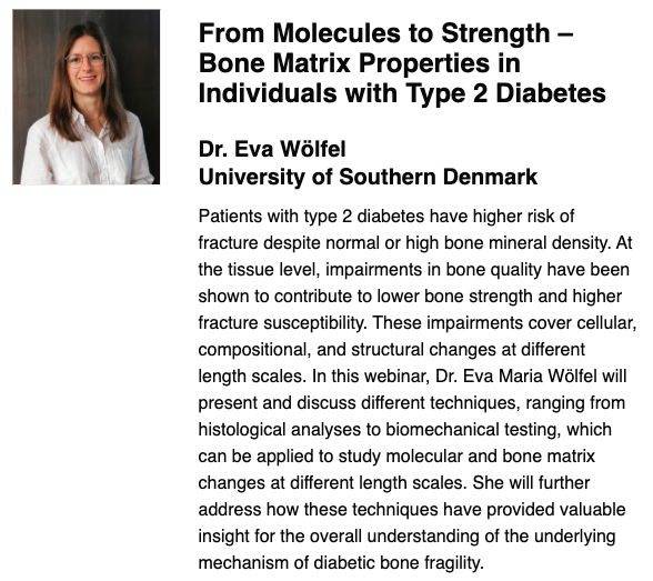 International Society of Bone Morphometry (ISBM) (@isbm_society) on Twitter photo Excited to annouce our next <a href="/ISBM_society/">International Society of Bone Morphometry (ISBM)</a> webinar on January 23rd: Bone Matrix Properties and Type 2 diabetes with Dr. Eva Wölfel.
Register here: zoom.us/meeting/regist…
For more info on upcoming webinars please see: bonemorphometry.org/webinars/ Excited to annouce our next <a href="/ISBM_society/">International Society of Bone Morphometry (ISBM)</a> webinar on January 23rd: Bone Matrix Properties and Type 2 diabetes with Dr. Eva Wölfel.
Register here: zoom.us/meeting/regist…
For more info on upcoming webinars please see: bonemorphometry.org/webinars/