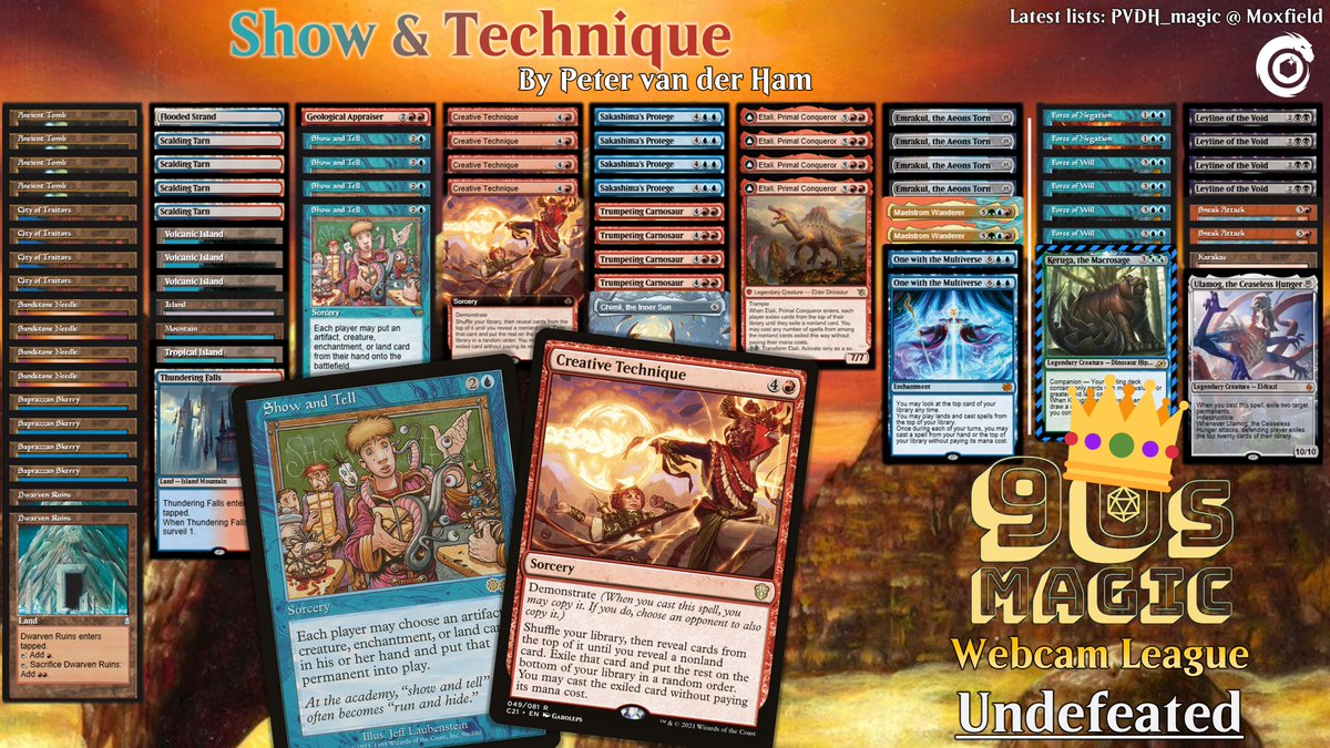 Just won the 90sMTG Webcam League 👑 undefeated with my very own decks!

Pre-🐸ban rounds with UB Illusions of Grandeur.
Post-🐸ban rounds and top 8 with Show &amp; Technique.

Lists and 90sMTG in ALT text.

Thinking about writing a primer on this deck, lmk if there's interest.